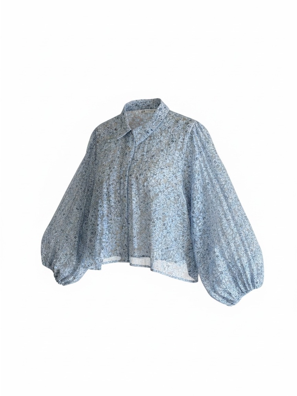 Zara Pale Blue Floral Balloon-Sleeve Button-Down